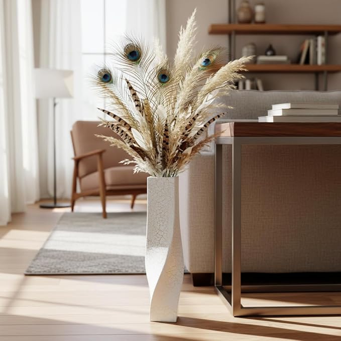 Tall Vases On Floor, 23.62" Twisted Geometric Flower Vase for Home, Living Room, Flower Centerpieces, Shelf, Table, Decor, White Crackle Vase