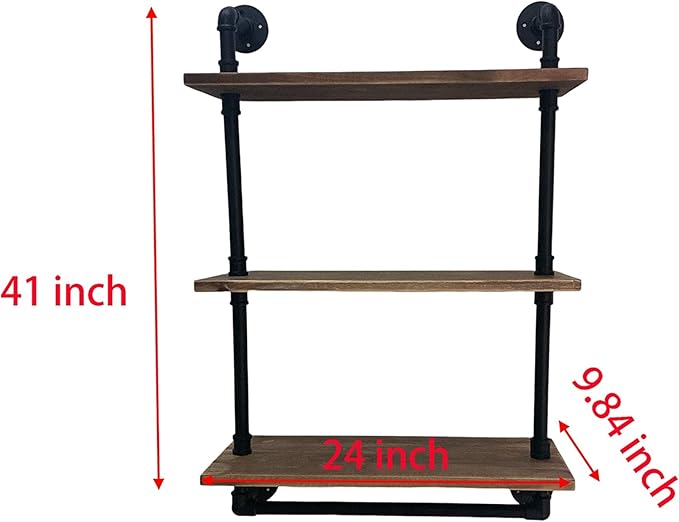 ROGMARS Industrial Pipe Shelving Bathroom Shelves with Towel bar, 24 in Rustic Floating Shelves Pipe Wall Shelf,3 Tier Wall Mounted Shelves with Hook