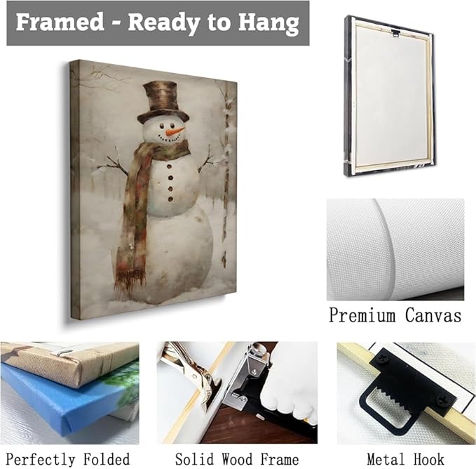 Rustic Vintage Snowman Art Print, Christmas Holiday Wall Art, 24x36inch Framed Art for Living Room & Bedroom Decor