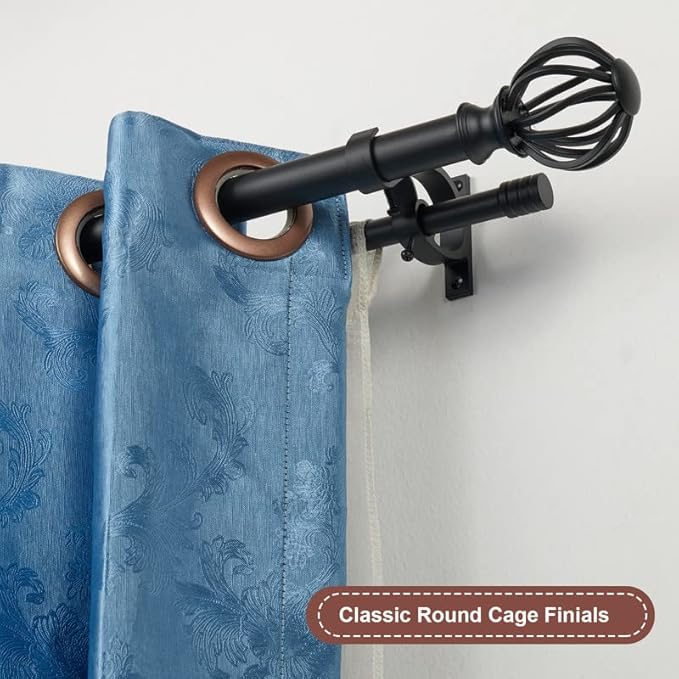Double Curtain Rods for Window 72-144", Matte Black Double Curtain Rods with Round Cage & Barrel Finials, 1-Inch Front and 5/8 Inch Back Double Drapery Rod