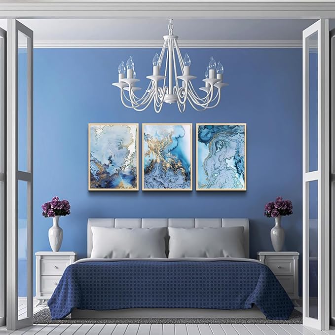 hyidecorart Natural Wood Framed Wall Art For Living Room Large Wall Decor For Office Hotel Bedroom Decoration Minimalist blue Abstract Paintings Watercolor Wall Pictures Artwork Home Decor 3 Piece
