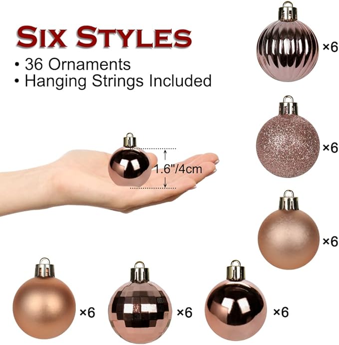 1.57" Rose Gold Christmas Ornaments for Christmas Tree 36 Pcs Mini Shatterproof Balls Christmas Tree Decorations Small Xmas Ornaments Ball with Hanging Loop for Wedding Holiday Party Wreath Home Decor