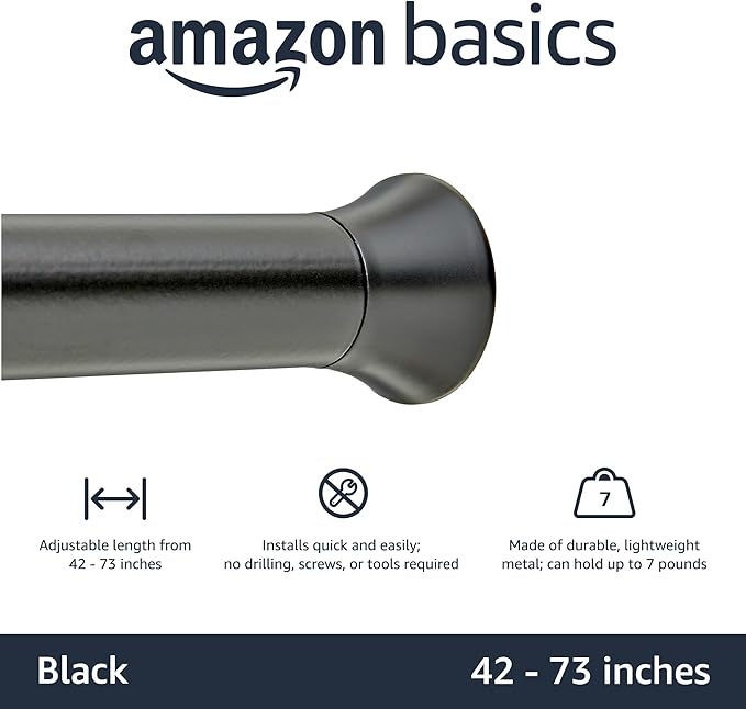 Amazon Basics No Drill Easy Install Sturdy Shower Curtain Tension Rod, Adjustable Length, 42-73", Black