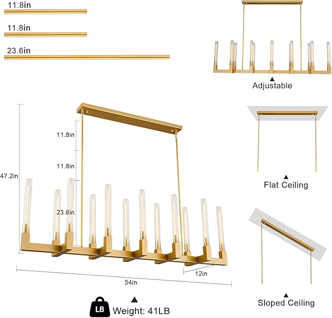 Farmhouse Chandelier with Glass Tube, Gold 12-Lights Modern Chandeliers Over Table 54''Rectangular Luxurious Large Ceiling Pendant Lighting Fixture for Dining Living Room, Foyer