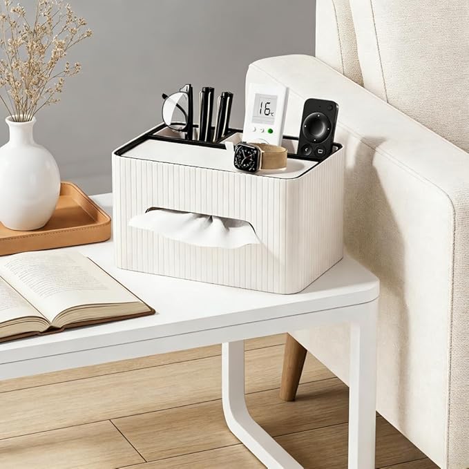 KINGFOM Leather Tissue Box Cover with Storage Tray, Decorative Tissue Box Holder Organizer for Office Desk, Bedroom & Nightstand, Remote Control Holder for Perfume, Watch, Glasses, Pens (Ivory White)