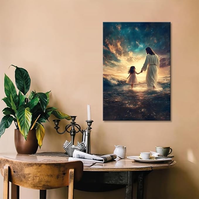 Eysintum Framed Jesus Wall Art Jesus with Girl Canvas Print Christian Faith Poster Inspirational Home Decor for Kids Room Nursery Living Room 16x24in Ready to Hang