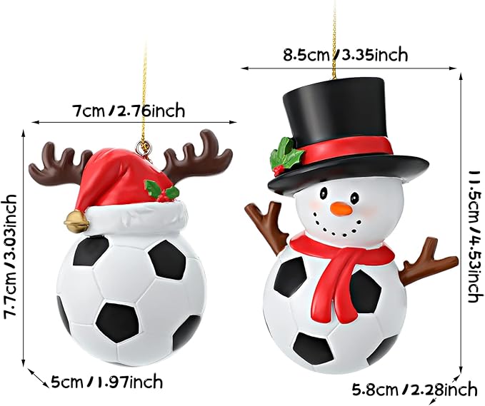 Jetec 2 Pieces Christmas Hat Soccer Ornament Snowman Hanging Ornament Xmas Reindeer Soccer Pendent Resin Snowman Decoration Christmas Tree Decoration for Fireplace Bedside Desks Shelf