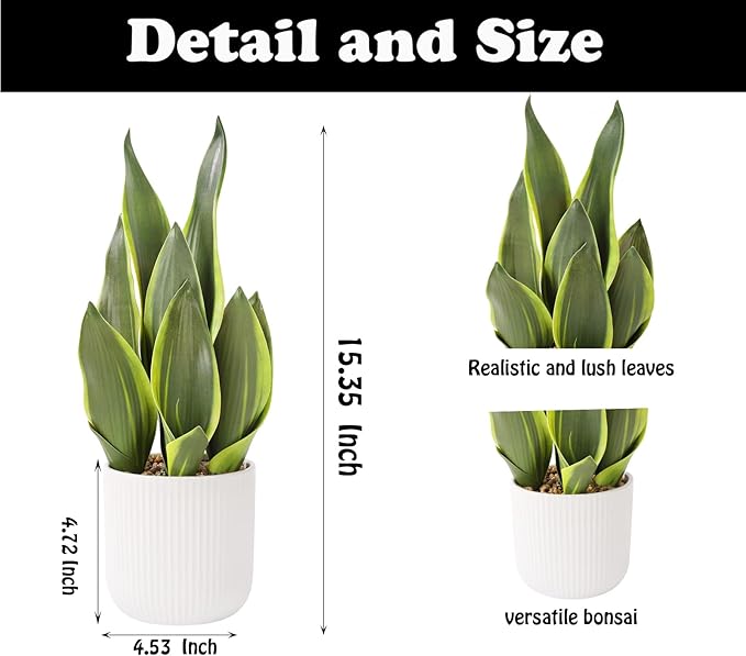 Artificial Realistic Snake Plant 16" with White Ceramic Pot Fake Snake Plants Sansevieria Greenery Faux Snake Plant for Home Office Living Room Housewarming Gifts Indoor Decor