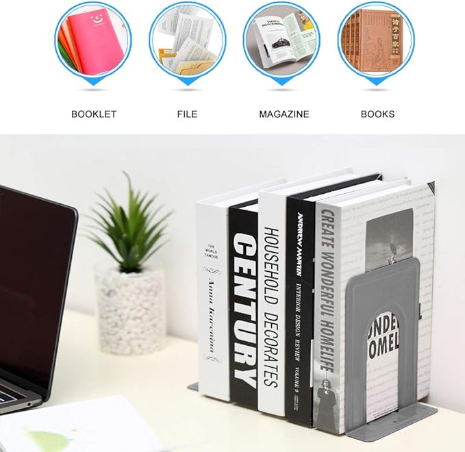 Book Ends, Bookends for Shelves Metal Bookends Book Ends for Office Nonskid Heavy Duty Book Ends for Shelves White 6.69 x 4.9 x 4.3in, 5 Pair/10 Piece (Grey)