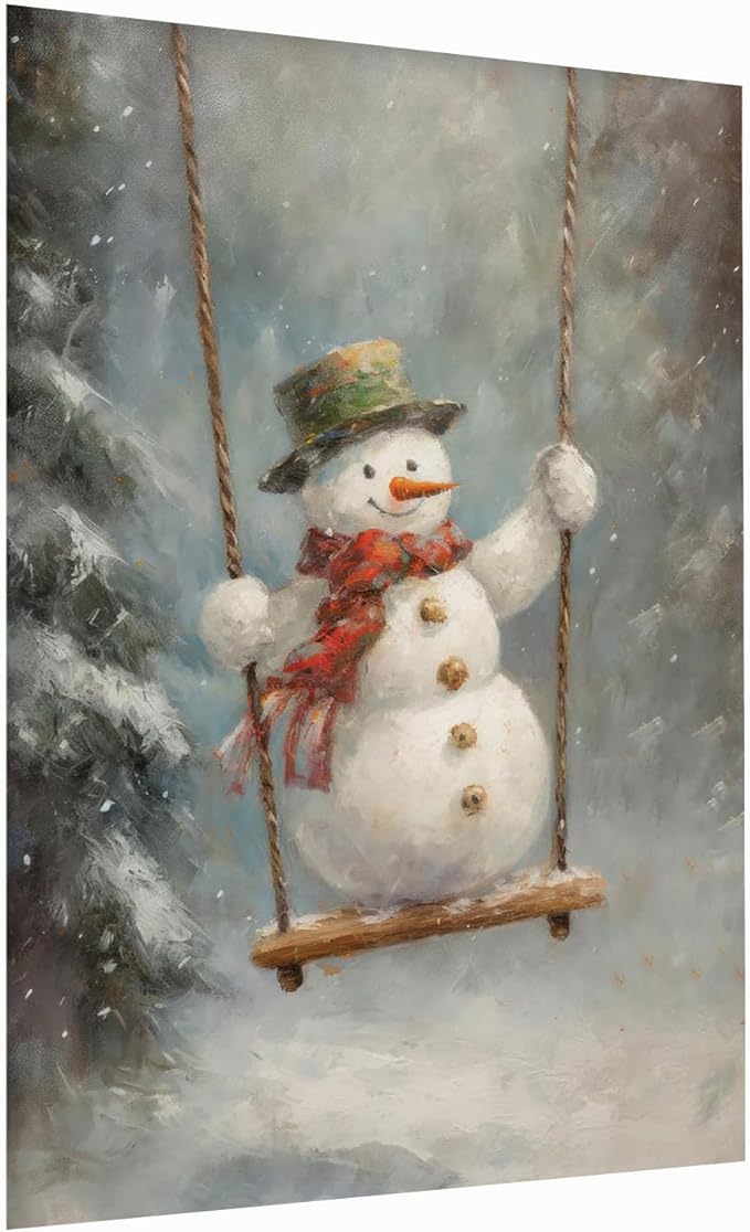Funny Christmas Wall Art - Swinging Snowman Poster, Winter Seasonal Decor Art, 16x24inch Unframed
