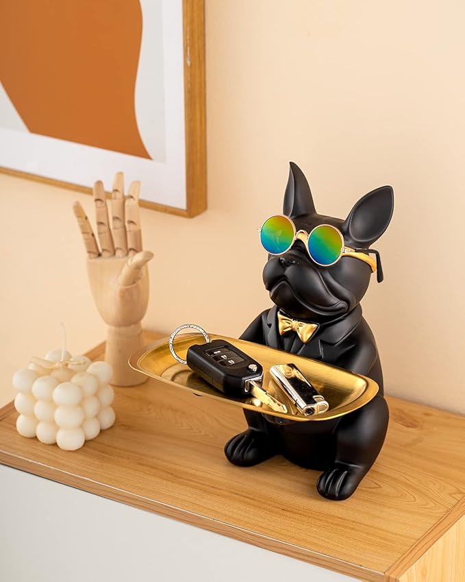 French Bulldog Statue,Resin Bulldog Key Tray for Entryway Decor, Key Holder Organizer for Entryway Table, French Bulldog Gifts Black