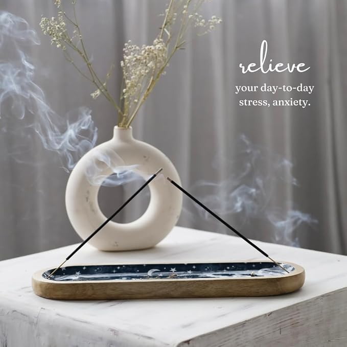 The Art Box Hand-Painted Incense Burner Holder Dark Blue - 12x4x1 inch Wooden Long Incense Stick Tray Holder for Modern Gift, Ash Catcher Incense Stick Holder - Meditation & Yoga