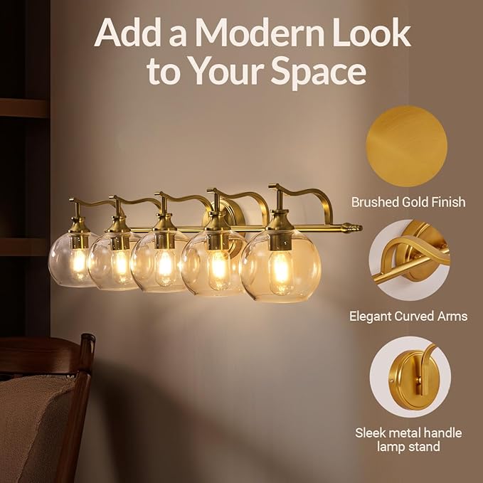 ANDY STAR Brushed Gold Bathroom Light Fixtures, 5-Light Vanity Lights for Mirror, 35 Inch Modern Wall Sconces Lighting with Globe Clear Shade Up or Down Wall Mounted for Bedroom, Living Room, Hallway