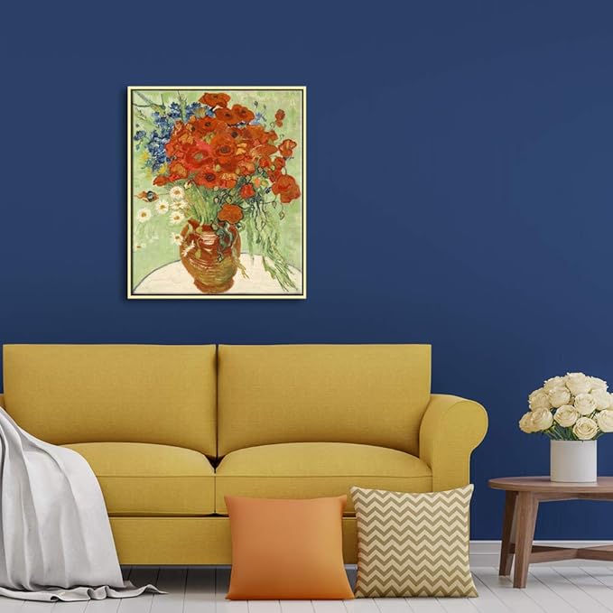 Wieco Art Framed Art Red Poppies and Daisies Canvas Prints Wall Art of Van Gogh Famous Floral Paintings Reproduction Abstract HD Classical Flowers Pictures Artwork