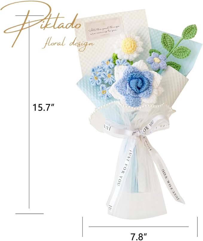 Hand-Woven Flower Bouquet Finished（1pcs） for Valentine's Day Girlfriend Birthday Gift Wedding Decoration Crochet Artificial Flower, Bouquet Gift (Blue)