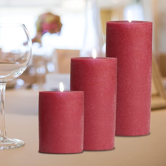 BASK Mottled Pillar Candles - Unscented Burgundy Candles Set of 3 - Dripless, Smokeless for All Occasions