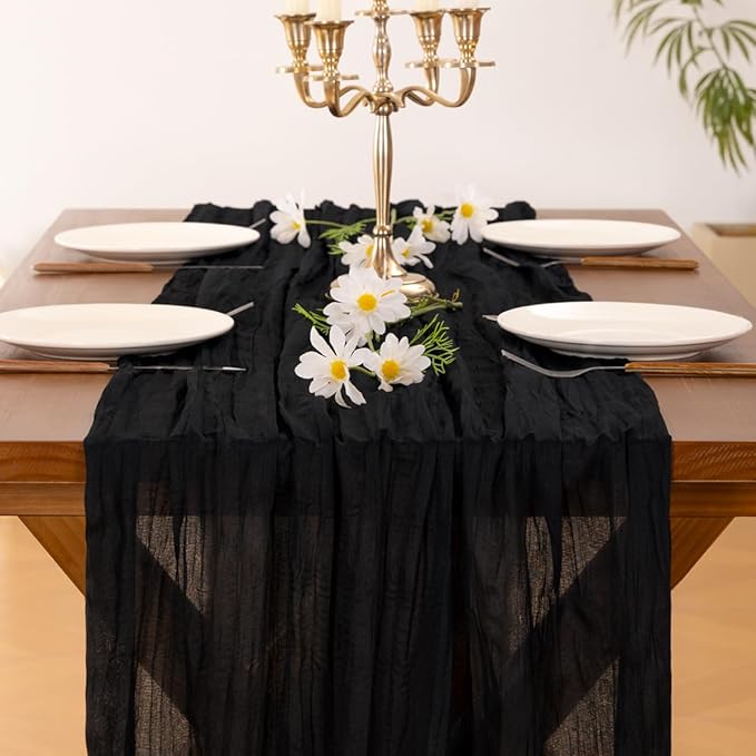 Socomi 10pcs Black Cheesecloth Table Runner Boho Rustic Gauze Valentine's Day 120 inch 10FT Cheese Cloth Runner for Wedding Party Baby Shower Birthday Home Decor Holiday Decorations