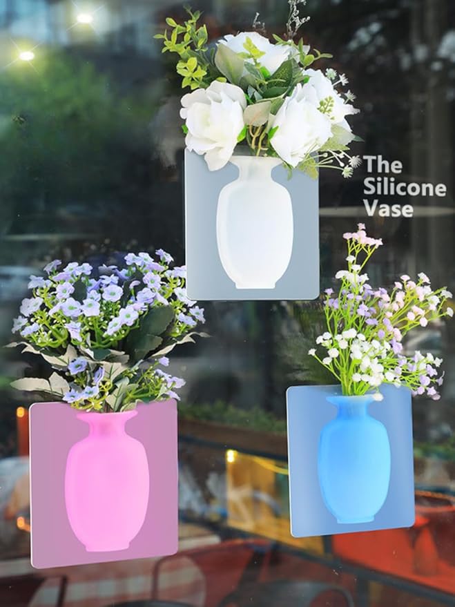 3Pcs Flower Pot Silicone Sticky Vase, Removable Magic Silicone Vase Reusable Silicone Flower Vase Self-Adhesive Wall Mount Vase Sticker for Windows, Perfect for Any Smooth Surfaces