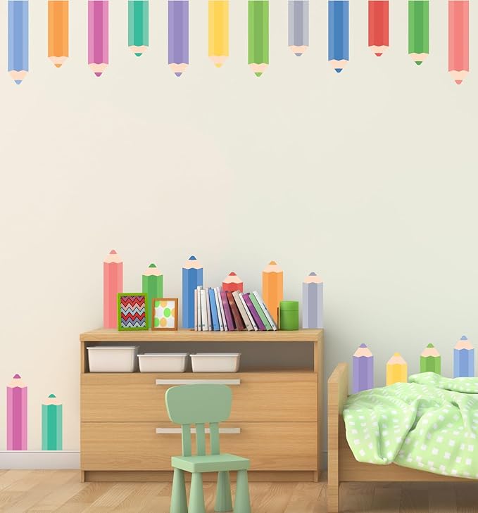 Colorful Pencils Wall Stickers, Rainbow Penceils Wall Decals, Peel and Stick Removable DIY Large Educational Corner Wall Decor for Study Classroom Nursery Bedroom Blackboard Decoration