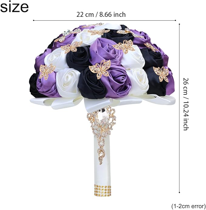 Handmade Floral Satin Rose Butterfly Shape Rhinestone Bridal Bouquet Luxury Golden Rhinestone Artificial Flowers for Wedding