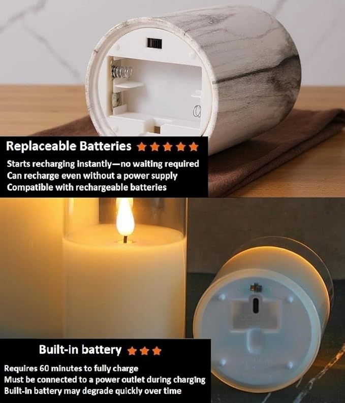 VENTA Marble Flameless Pillar Candles, Set of 3 (4" 5" 6") | Realistic Flickering LED Candles with Remote & Timer | Elegant Decor for Modern, Farmhouse & Chic Interiors