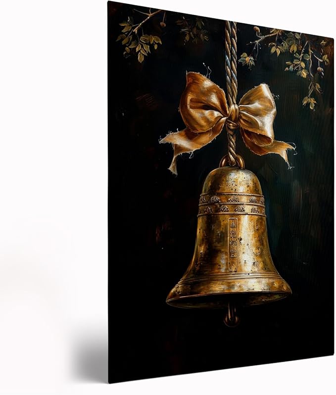 Vintage Gold Bell Christmas Painting - Dark Academia Festive Print, Moody Holiday Wall Art, Cottage Core Xmas Bow Poster, Vertical Print, Home Decor - 16x24 Inch Framed Art