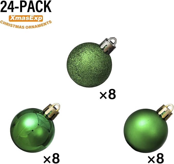XmasExp 24ct Mini Christmas Ball Ornaments Shatterproof Christmas Ornaments Set Decorations for Xmas Tree Balls 30mm/1.18" (Dark Green)