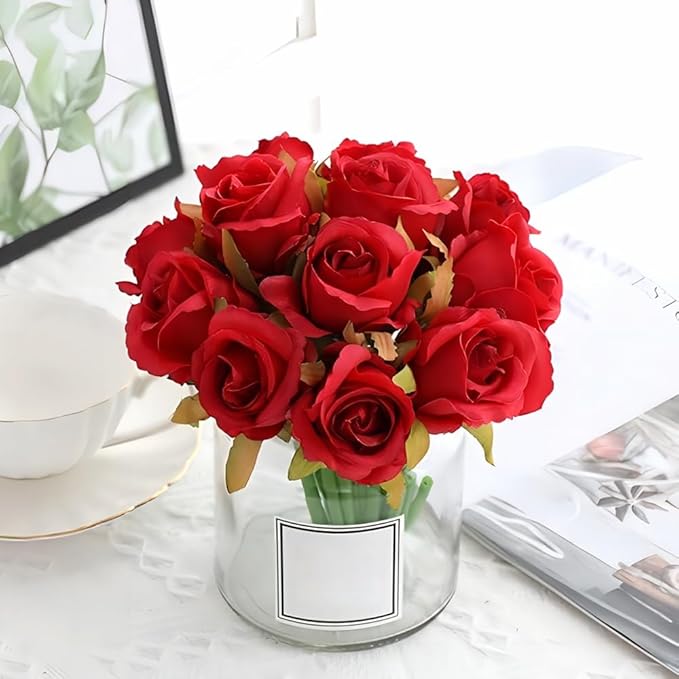 Jasion Artificial Flowers 12pcs Silk Realistic Roses DIY Bouquet for Home Parties Table Centerpieces Bridal Wedding Decoration Without Vase (Spring Red)