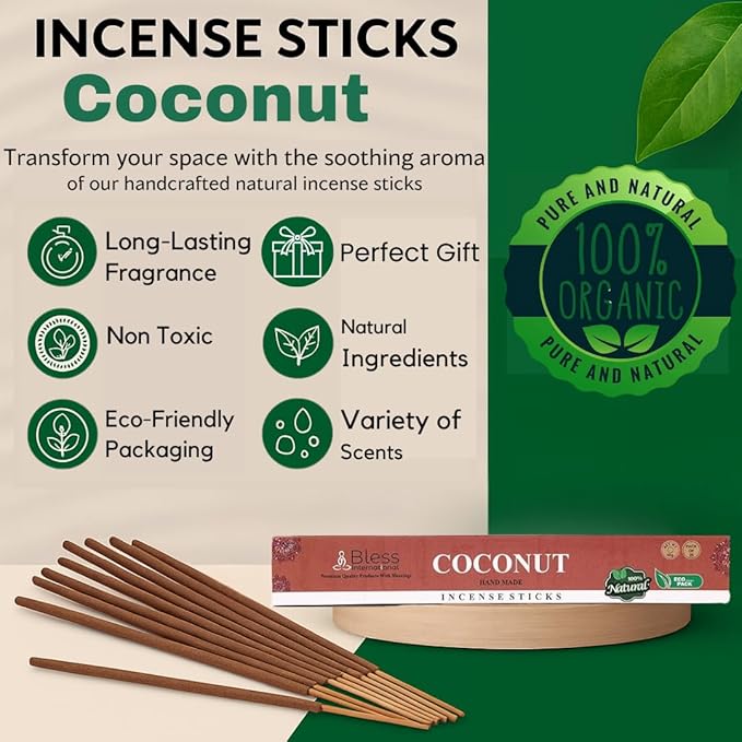 Bless-Coconut 100%-Natural-Handmade-Hand-Dipped-Incense-Sticks Organic-Chemicals-Charcoal-Free Purification-Relaxation-Positivity-Yoga-Meditation Best-Woods-Scent (100 Sticks(5.25 OZ))