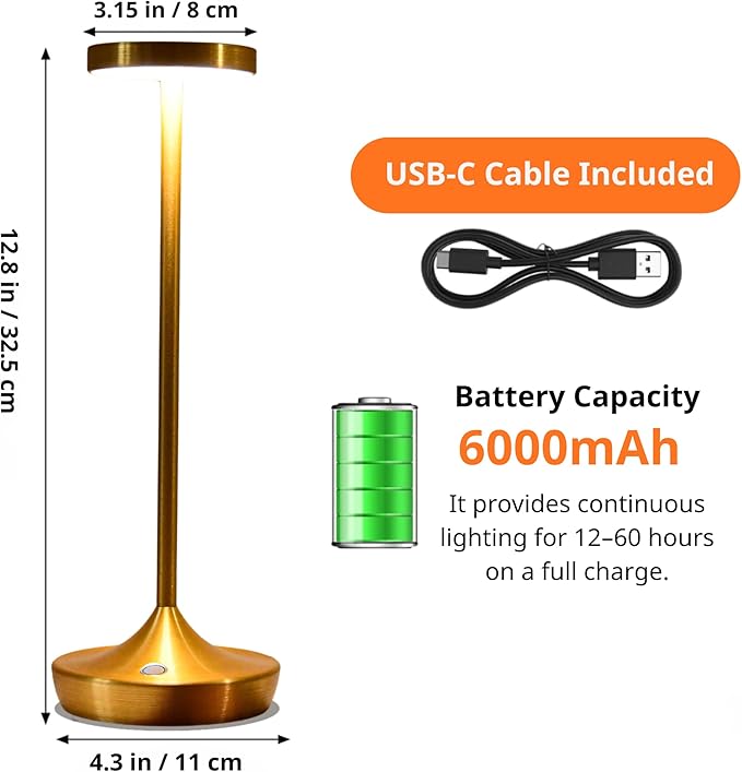 Rechargeable Table Lamp Cordless - 6000mAh Battery Operated LED Table Light - Portable Touch Dimmable Outdoor Waterproof Table Lamps for Patio Restaurant Dining (2 Gold)