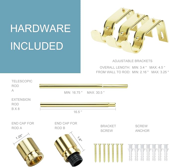 Curtain Rods for Windows 16 to 144 Inches Adjustable Length 1 Inch Diameter Window Curtain Rod with Aluminium Finials, Gold