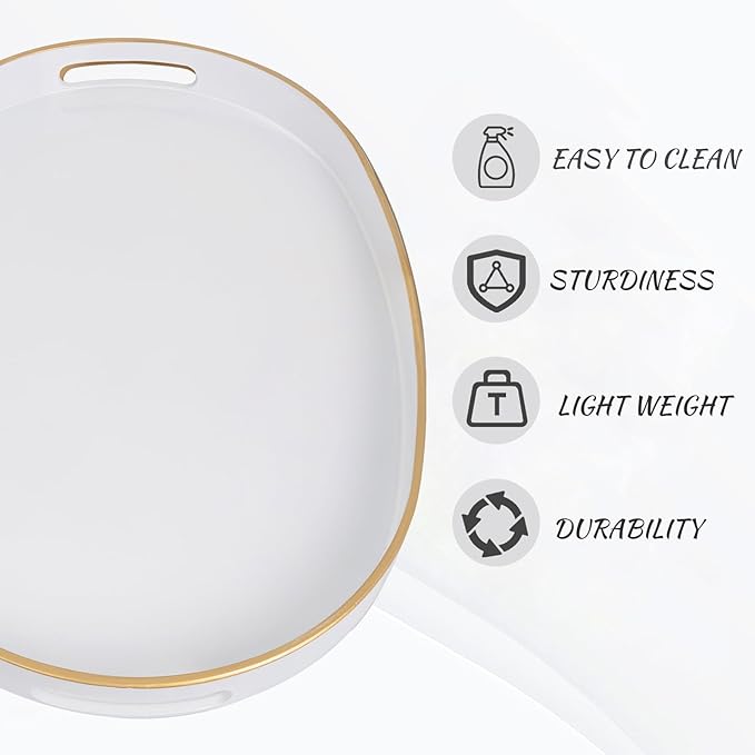 MAONAME White Decorative Tray, Oval Serving Tray with Handles, Plastic Trays for Coffee Table, Ottoman Trays for Living Room, Bathroom, 15.6" X 10.6" X 1.4"