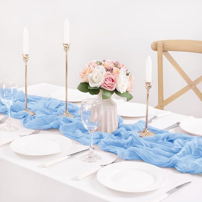 MLMC 3 Pack Light Blue Cheesecloth Table Runner Baby Blue Table Runner 10ft Sheer Rustic Cheese Cloth Baby Shower Decorations 35x120 Inches for Birthday Gender Reveal Baby Shower Wedding Decor