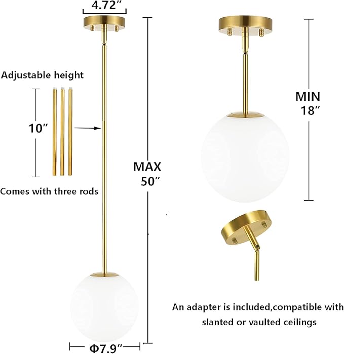 Modern Globe Pendant Light 1-Light Mid Century Chandelier Large 7.87” White Globe Glass Shade Brushed Brass Finished Hanging Light Fixture for Kitchen Island (Gold)