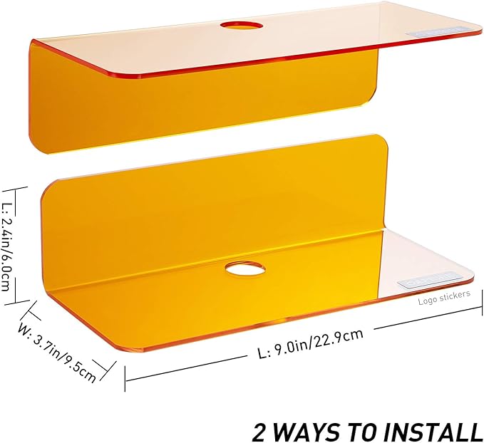 OAPRIRE Small Acrylic Floating Wall Shelves Set of 2, Flexible Use of Wall Space, 9 Inch Adhesive Display Shelf for Security Cameras/Smart Speaker/Action Figures, with Cable Clips - Clear Orange
