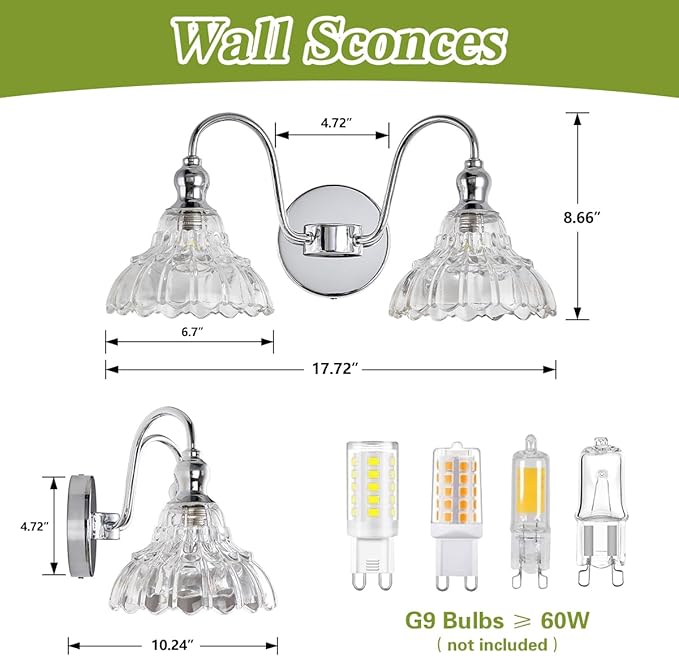 Chrome 2-Light Wall Sconces Bathroom Vanity Light Light Fixtures Modern Vanity Lighting Fixtures Wall Light for Bedroom Living Room Bathroom