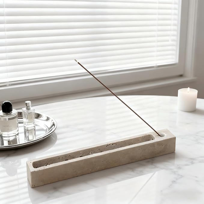 Travertine Incense Burner, 25cm Aromatherapy Tray, Beige Rectangular Ash Catcher for Sage and Cones,Incense Stick (22cm Rectangle)