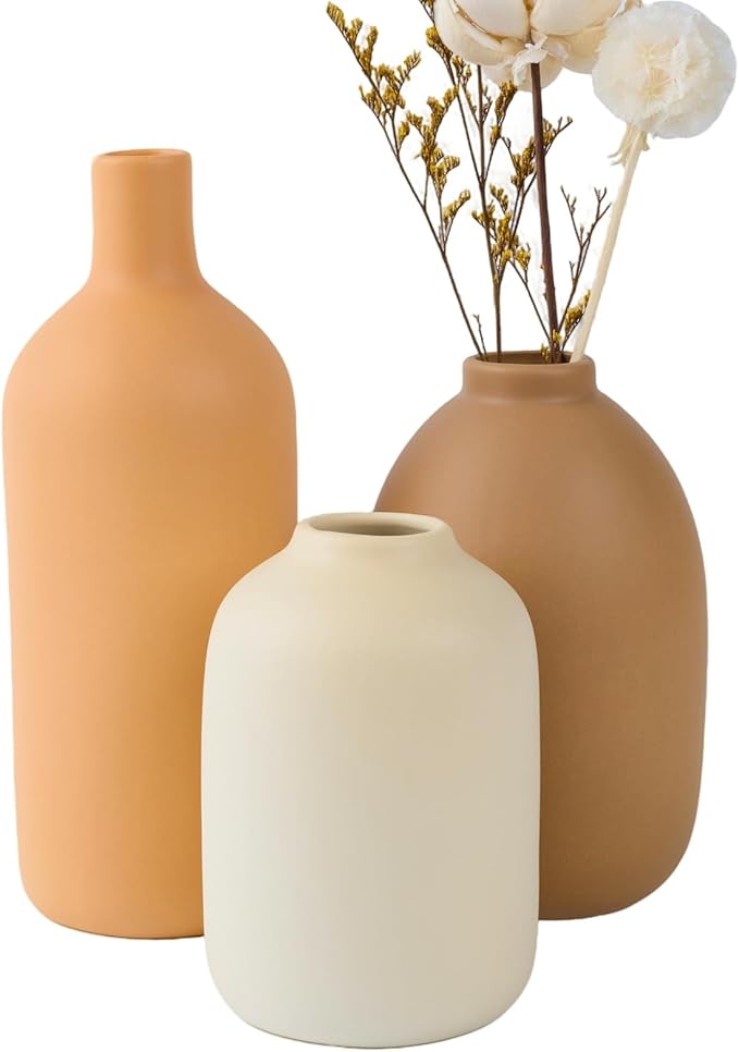 Ceramic Vase Set of 3,Neutral Modern Vases for Bouquet Pampas Grass Dried Fresh Flowers,Rustic Home Decor for Living Room,Bedroom Entryway(Beige)