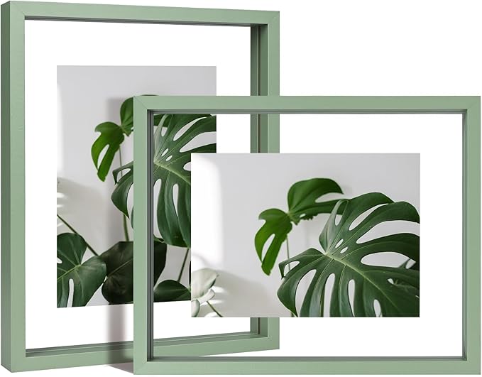 Egofine 8x10 Floating Frames Set of 2, Double Plexiglass Picture Frame, Made of Solid Wood Display Any Size Photo up to 8x10, Wall Mount or Tabletop Standing, Green