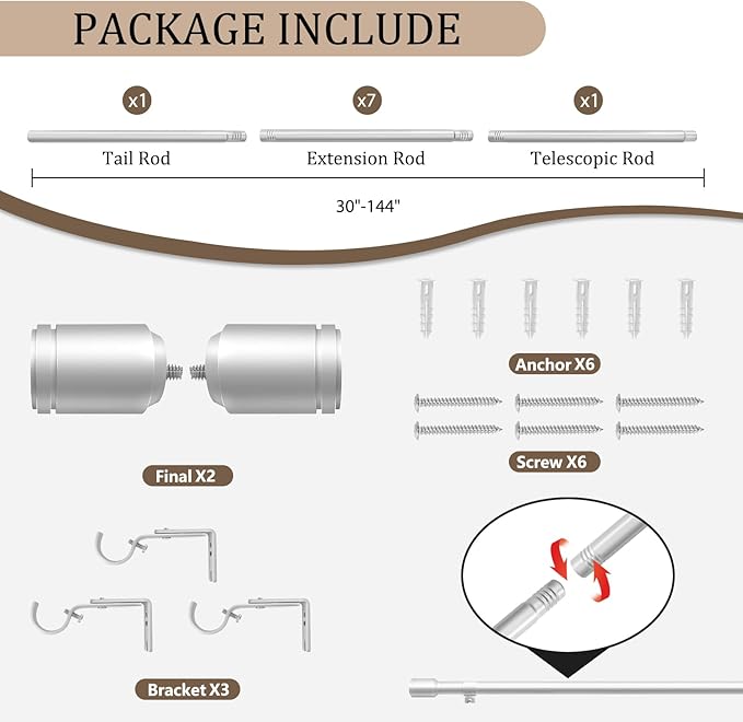 1” Diameter Silver Curtain Rods for Windows, 1 Pack 30-144 Inch Heavy Duty Window Rods, Long Adjustable Curtain Rod, Fits Most Standard Windows, Suitable for Bedroom, Living Room, Farmhouse