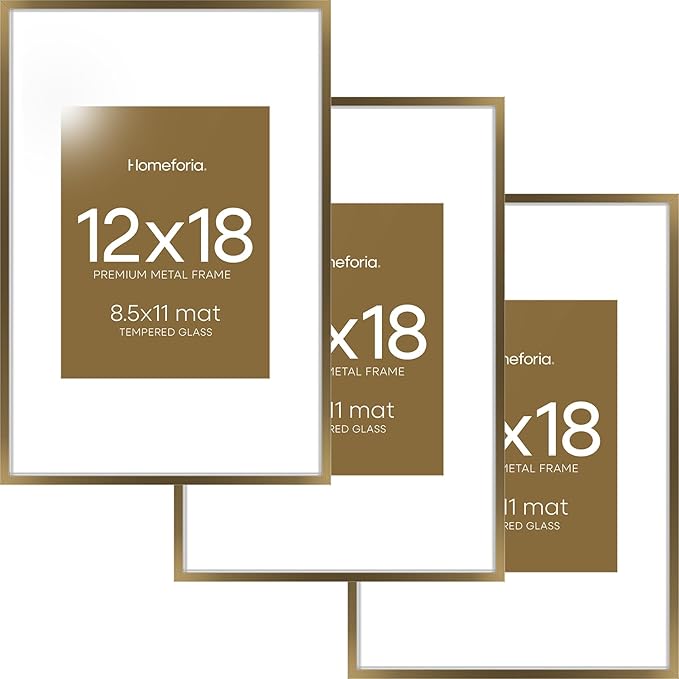 Homeforia 12x18 Bronze Picture Frame, High End Metal 12x18 Brass Poster Frames with Mat 8.5x11 Photo, 12 x 18 Frame Matted to 8.5 by 11 inch Print, 18x12 Thin Frame, Tempered Glass, Wall Kit, Set of 3