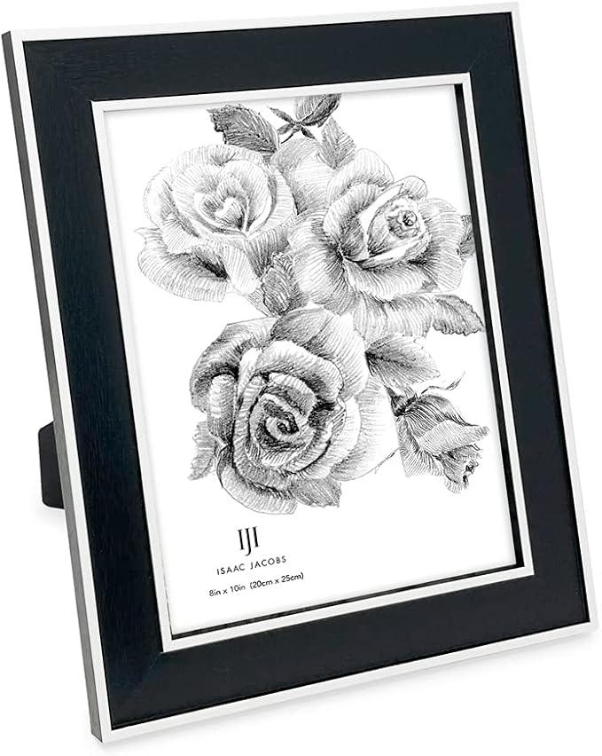 Isaac Jacobs 8x10 Black w/White (Vertical & Horizontal) Double Border Picture Frame w/Black Fabric Easel, Wall-Mountable, Made for Tabletop & Gallery, Home or Office (8x10, Black W/White)