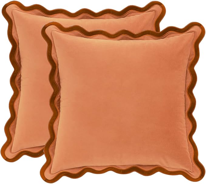 MONDAY MOOSE Decorative Throw Pillow Covers Cushion Cases, Set of 2 Soft Velvet Scalloped Wavy Edge Designs, Mix and Match for Home Decor, Pillow Inserts Not Included (16x16 inch, Rust/Coral)