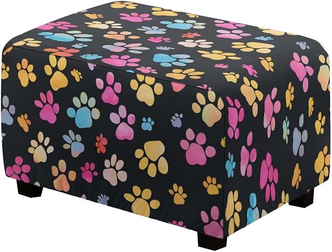 Colorful Paw Stretch Ottoman Slipcover Easy to Install Rectangular Footstool Cover Form Fit Folding Storage Furniture Protector for Living Room Sofa Footstool 33X30X15 Inch