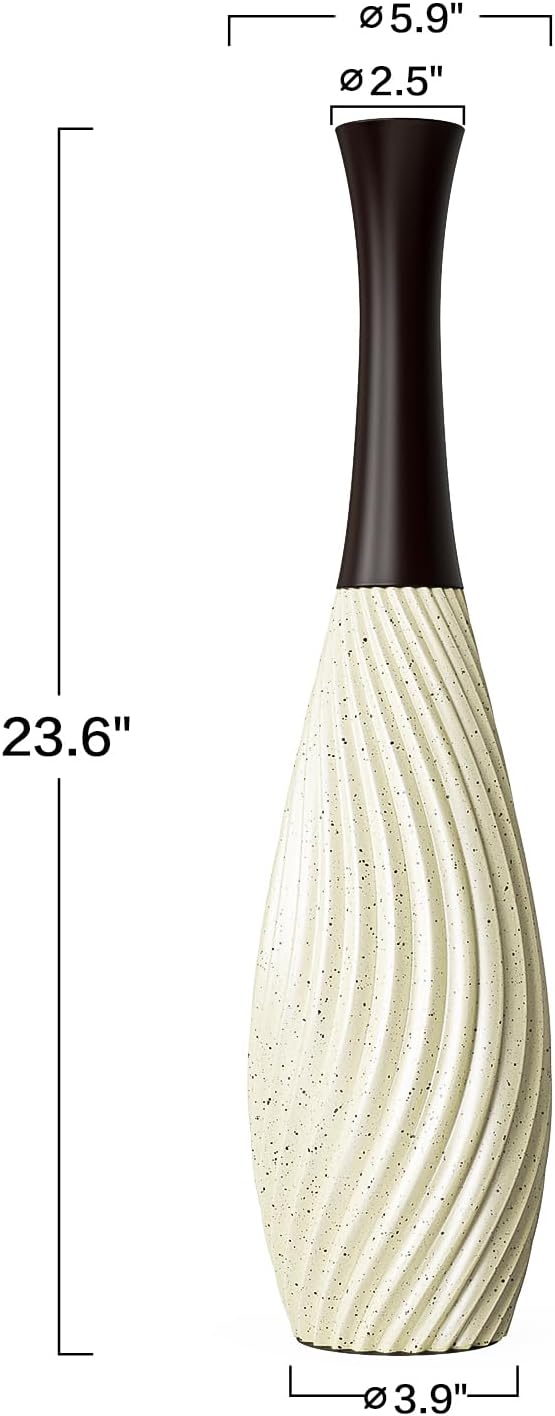 23.6 Inch Cream Tall White Vases – Brown Neck Teardrop Vase with Textured Vertical Lines & Speckled Finish, Decorative Floor Vase for Living Room, Wedding, Boho Home Decor – Resin Tall Vases