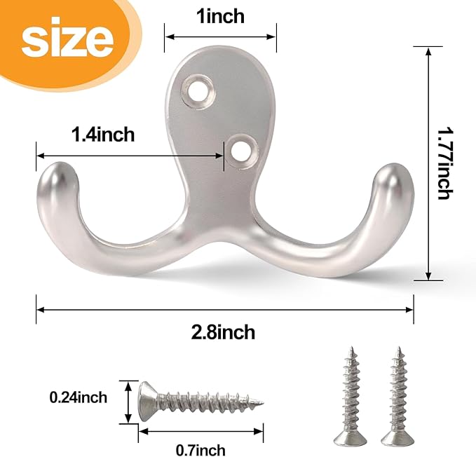 20 Pack Coat Hooks Wall Hooks for Hanging, Heavy Duty Double Prong Metal Hook Wall Mounted for Living Room, Bathroom, Kitchen, Bedroom for Coat, Bag, Scarf, Towel, Hat, Key, Cup (Silver)