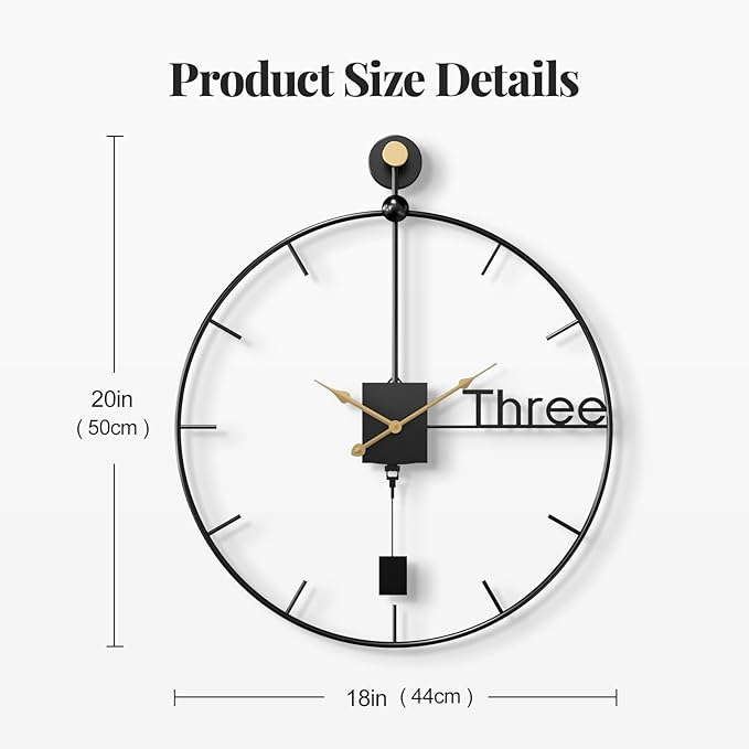 Cuspin 20 inch Modern Wall Clock with Swing Pendulum, Battery Operated Silent Non-Ticking Metal Wall Clock for Living Room Decor, Decorative Hanging Clock for Bedroom, Office, Kitchen, Home Wall