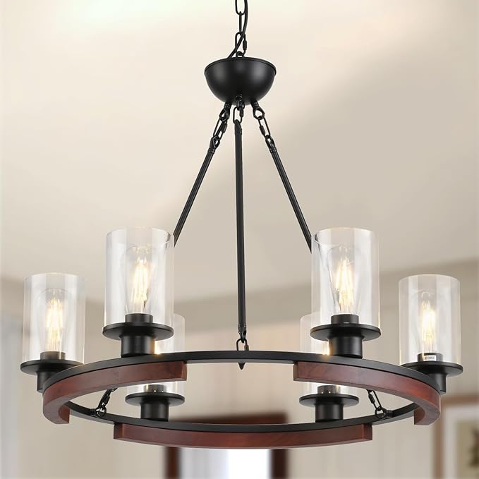 28-Inch Wagon Wheel Chandelier Farmhouse Black Rustic Pendant Light Fixture,6-Light Wood Round Chandelier Hanging Pendant Ligh for Dining Room Kitchen Island Living Room,with Clear Glass Shade