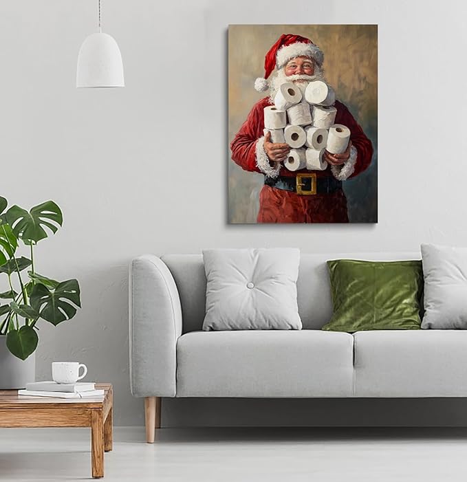 Funny Toilet Humor Decor, Santa on Toilet Print, Restroom Amusing Gift, Christmas Bathroom Wall Decor - 24x32inch Unframed
