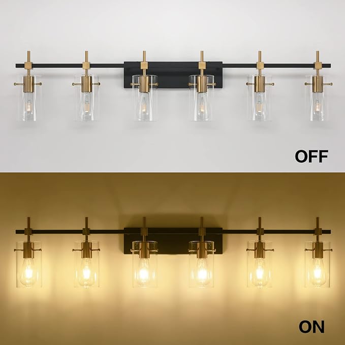 SOLFART 49.2 inch Vanity Light fixtures Vintage 6 Lights Wall Light Fixtures Above Mirror for Bathroom Brass and Black with Clear Glass Shade (Exclude Bulb)